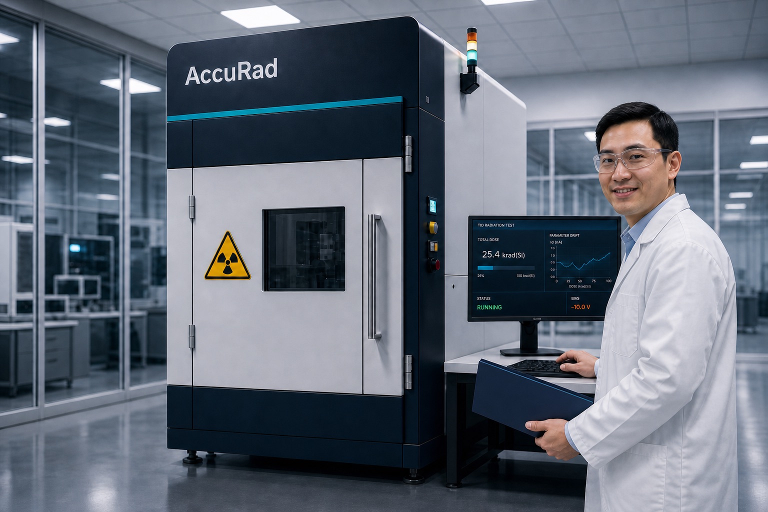 Engineer operating an AccuRad semiconductor radiation effects testing system concept visual